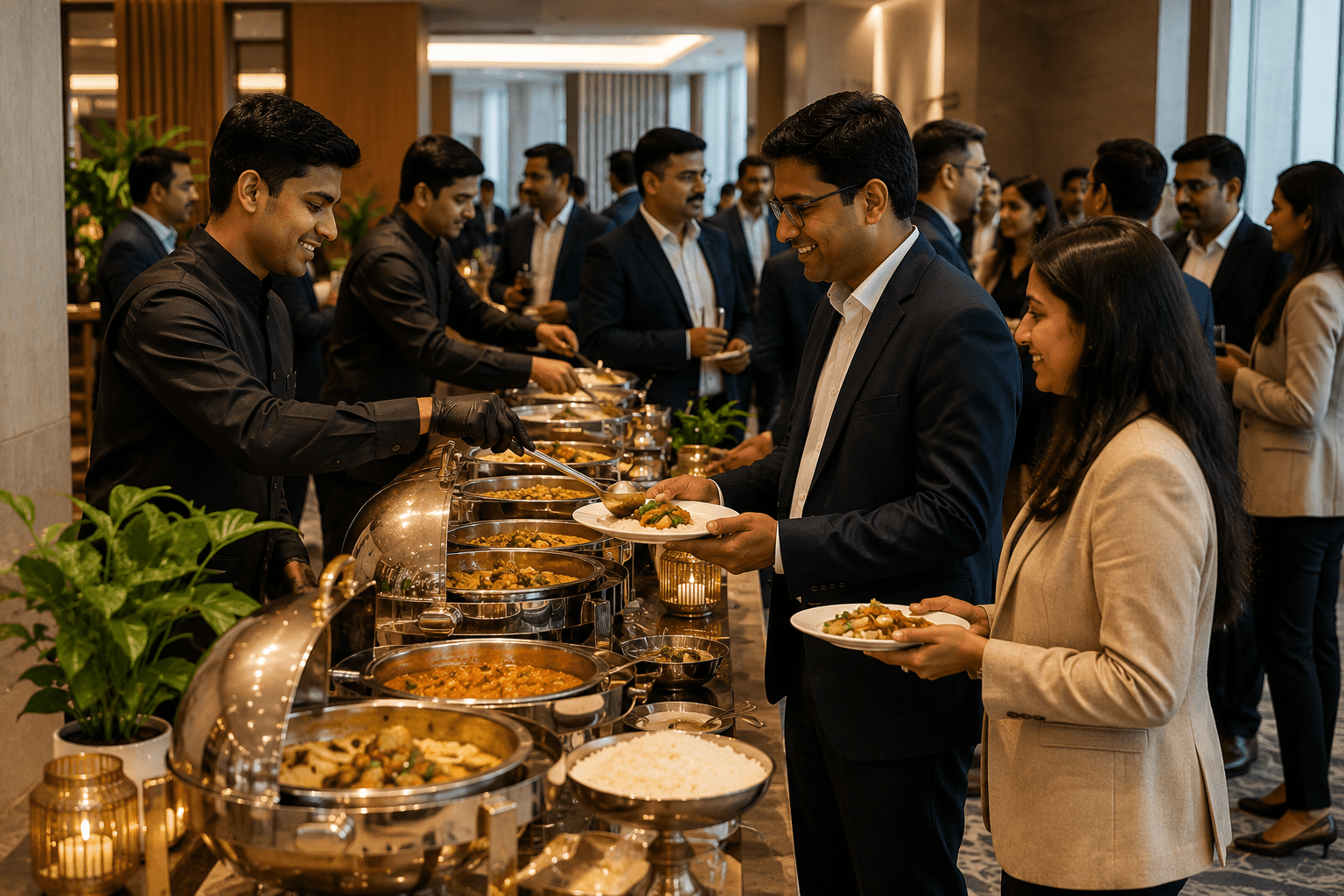 Hospitality staff serving guests at a premium social event